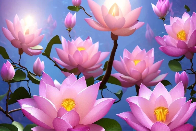 a magical crystal flower lotus magnolia lys bougainvillier, blue gold house indian palace castle in the woods, magnolias pink,blue lake,sun,white swanns,pink vertical, blue lake,sharp, vines, candlelit, endor, ornate, elegant, highly detailed, artstation, concept art, smooth, sharp focus, illustration, 8k, splash art, wallpaper, key visual