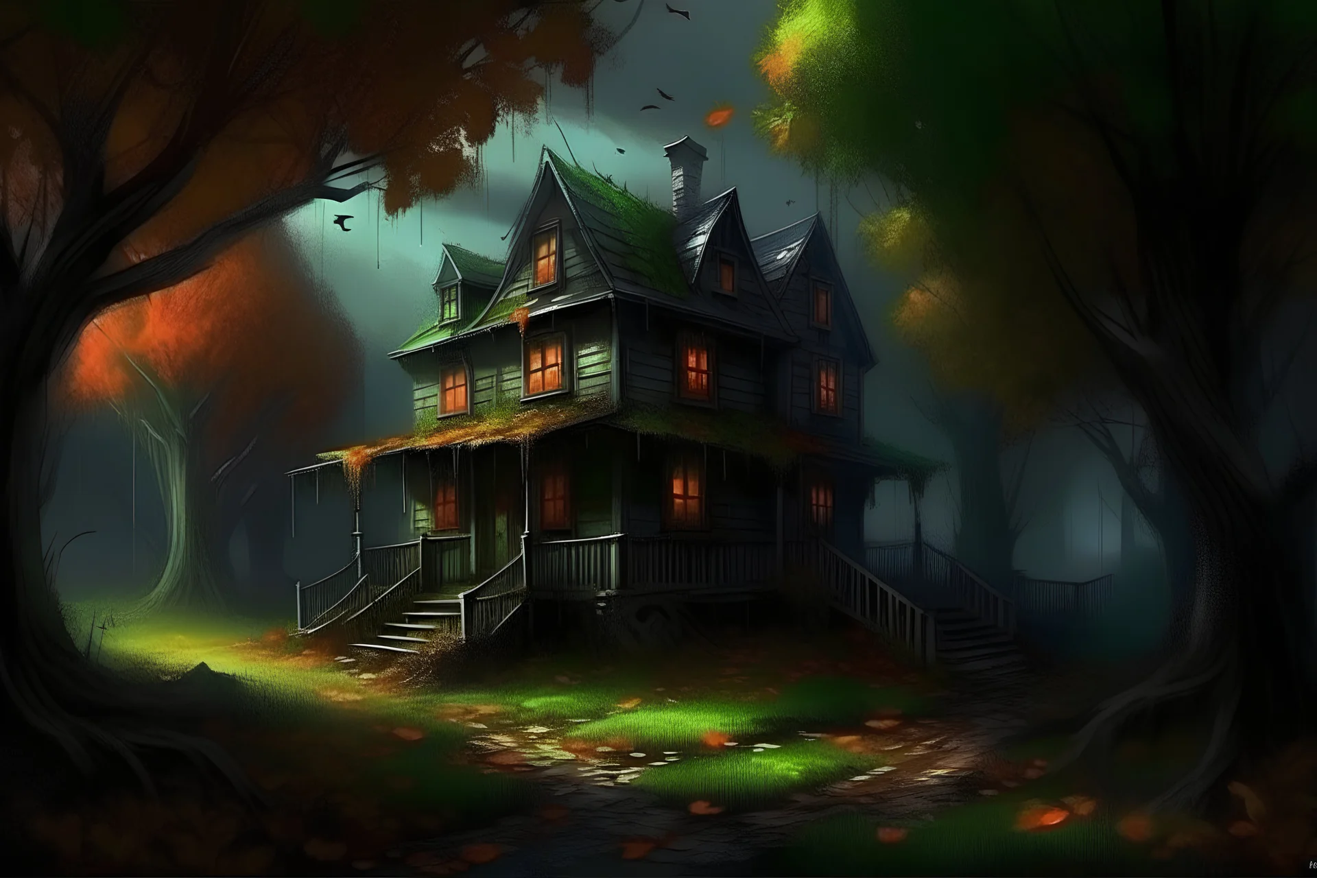 Haunted house, trees in the distance, tree leaves on the ground, mischievous and gorgeous. Modifiers: intricate vibrantcolors awardwinning insanelydetailed digitalpainting conceptart horrorvibes