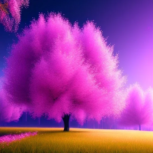 Trees growing pink and purple leaves, glitter, fog, willow, forest, beautiful, night