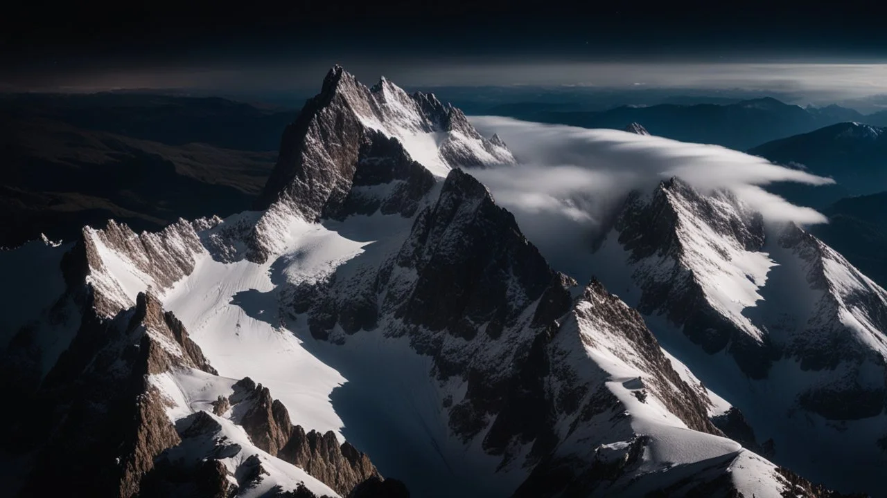Aerial view from above of a sharp, rocky mountain peak with snow patches, piercing through a dense, swirling foreground layer of white clouds, dark night sky with visible Milky Way, high contrast, cinematic lighting, photorealistic, 8k resolution, sharp focus