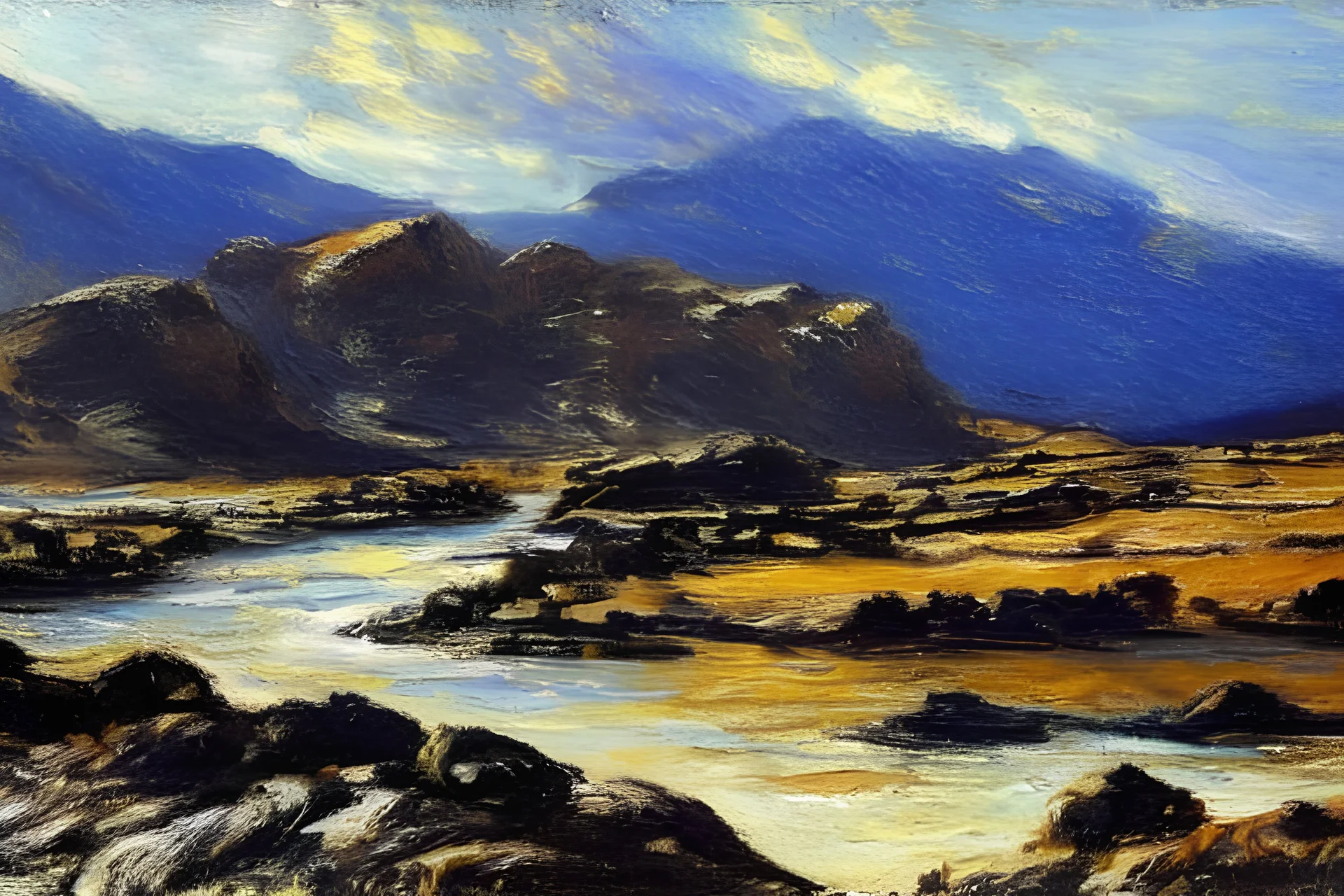 arid land, sand, desert, rocks, mountains, clouds, river, distant mountains, philip wilson steer impressionism painting