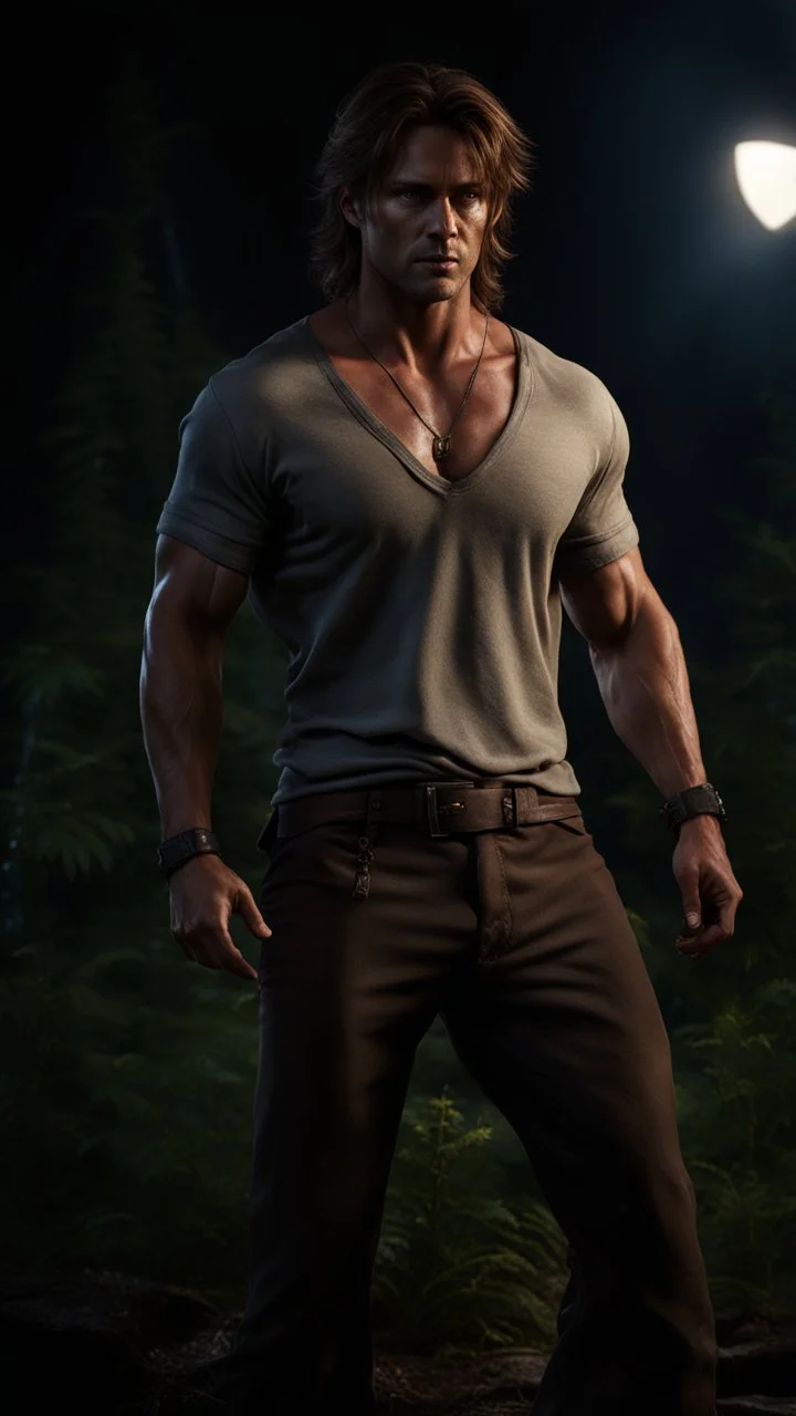 muscular 35 year old male with messy light brown hair wearing a loose fitting shirt, photorealistic, dark fantasy, outside scene