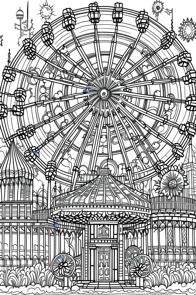 A haunted carnival with ghostly rides, creepy clowns, and a ferris wheel. Outline, sketch style, only use outline, mandala style, clean line art, white background, no shadows, no clear wall, coloring page.