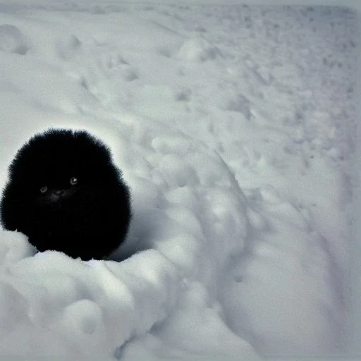 black puff ball of fluff in the snow vintage