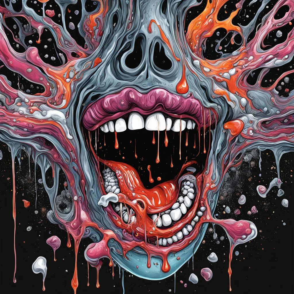 Surreal digital illustration of only a floating mouth that is puking out a psychedelic love spell, spilling from the large pair of cartoonist , overexaggerated lips, manga inspired, absurdist, postmodern, only black and grey color palette, crude, fluid acrylic paint, epoxy resin , acrylic pour, unusual colors, trippy, gross, abstract, pulp fiction art style illustration, realvsx