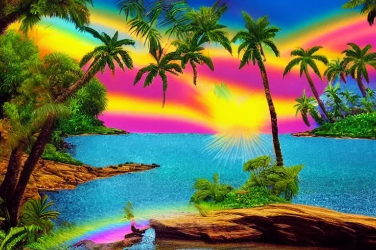 island waterfall palms twigs spring sunset rainbow bridge birds