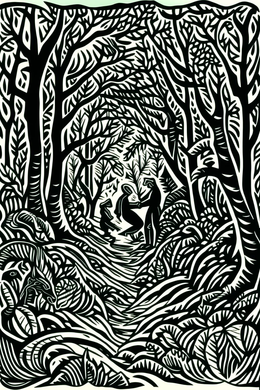 Linocut winding party through woodland