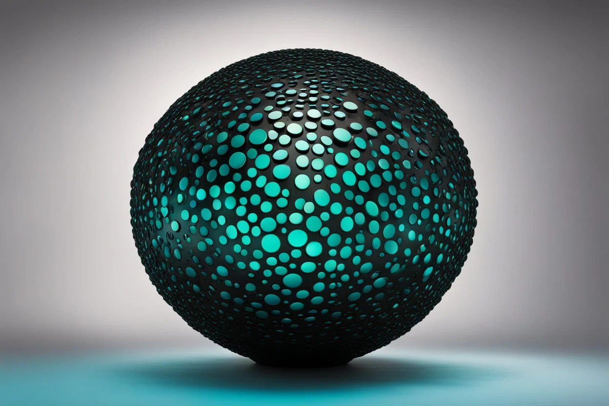 beautiful composition, black spheres with holes, woven of thin black wire, the entire surface of the sphere is filled with symmetrically arranged round holes, from the inside of the sphere a bioluminescent blue-green (sometimes blue, sometimes green) light is emitted, projecting coloured round spots onto the whole background and the whole horizontal base where the sphere is placed. S<AI