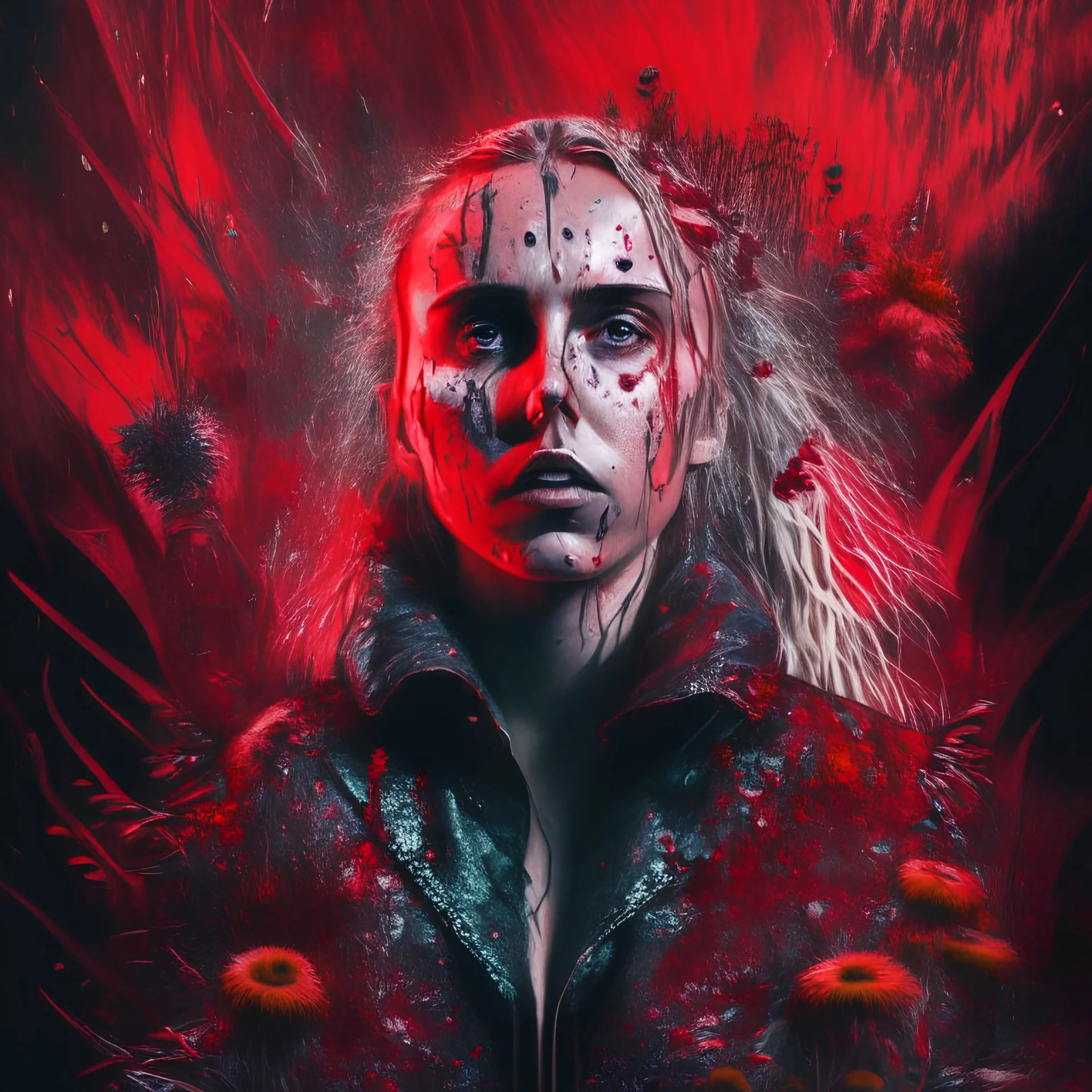 Singer Danish MØ face, blood, jacket punk with sparks, guts, wildflower, cosmic, intricate, darkred tones, ominous, nature, plants,