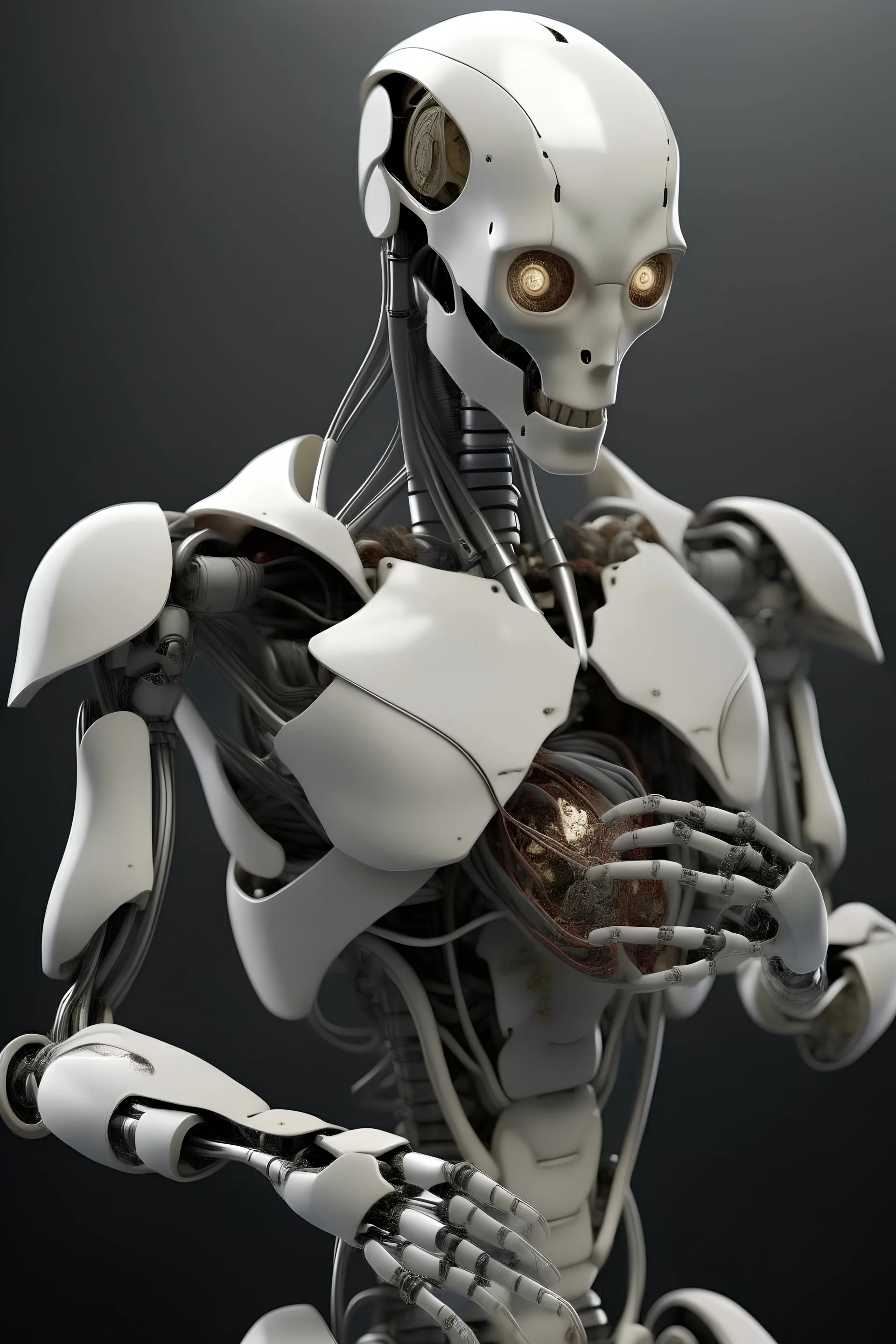 High definition image of a humanoid robot with a stone replacing its heart in its chest