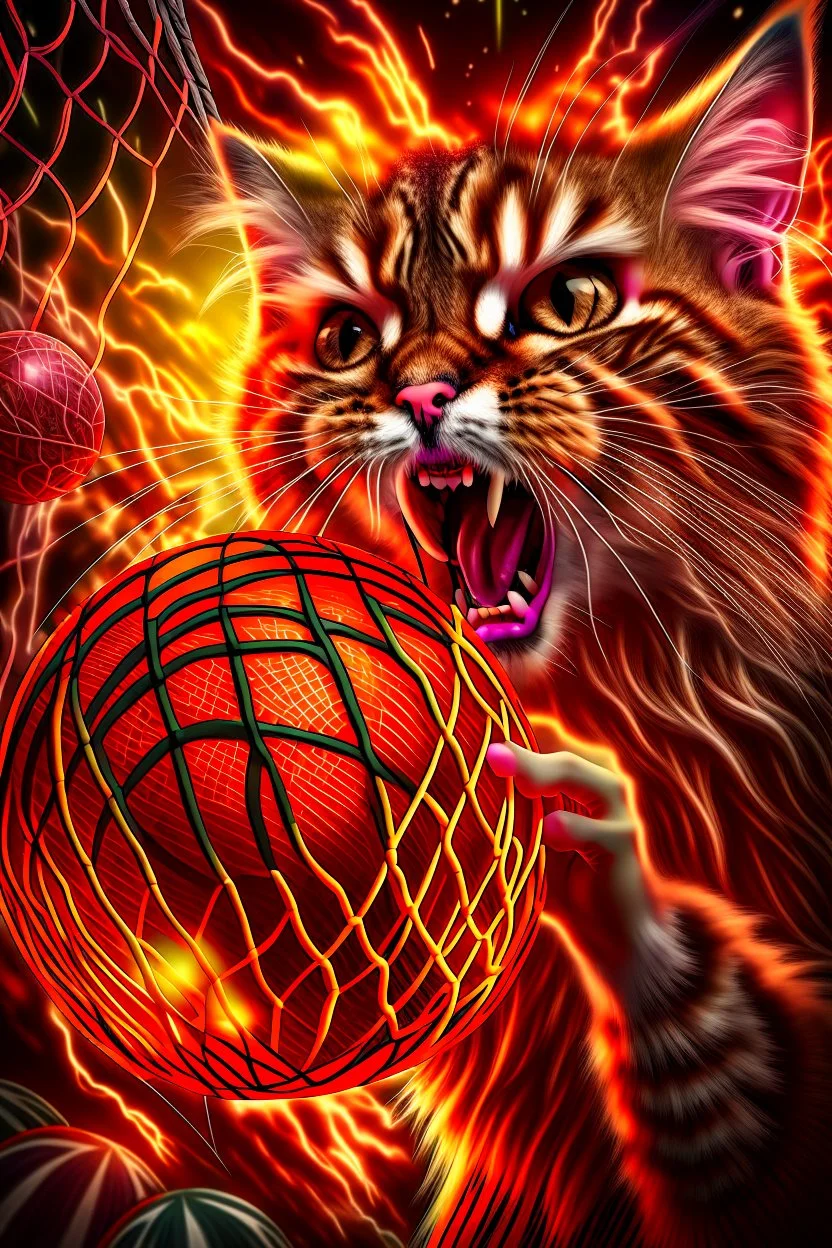 13k, highly realistic and detailed image of a NBA cat basketball player in action dunking the ball in the net, sweaty hair, screaming look,action and explosive background