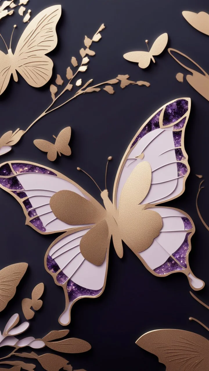 "Create an abstract artwork featuring soft purple metallic butterfly , overlapping shapes in earthy tones like beige, rust, and navy. Incorporate sweeping black brushstrokes, textured golden accents and glitters, and subtle splatter effects to add depth and movement. The design should evoke a sense of modern elegance and organic flow. ON BLACK BACKGROUND