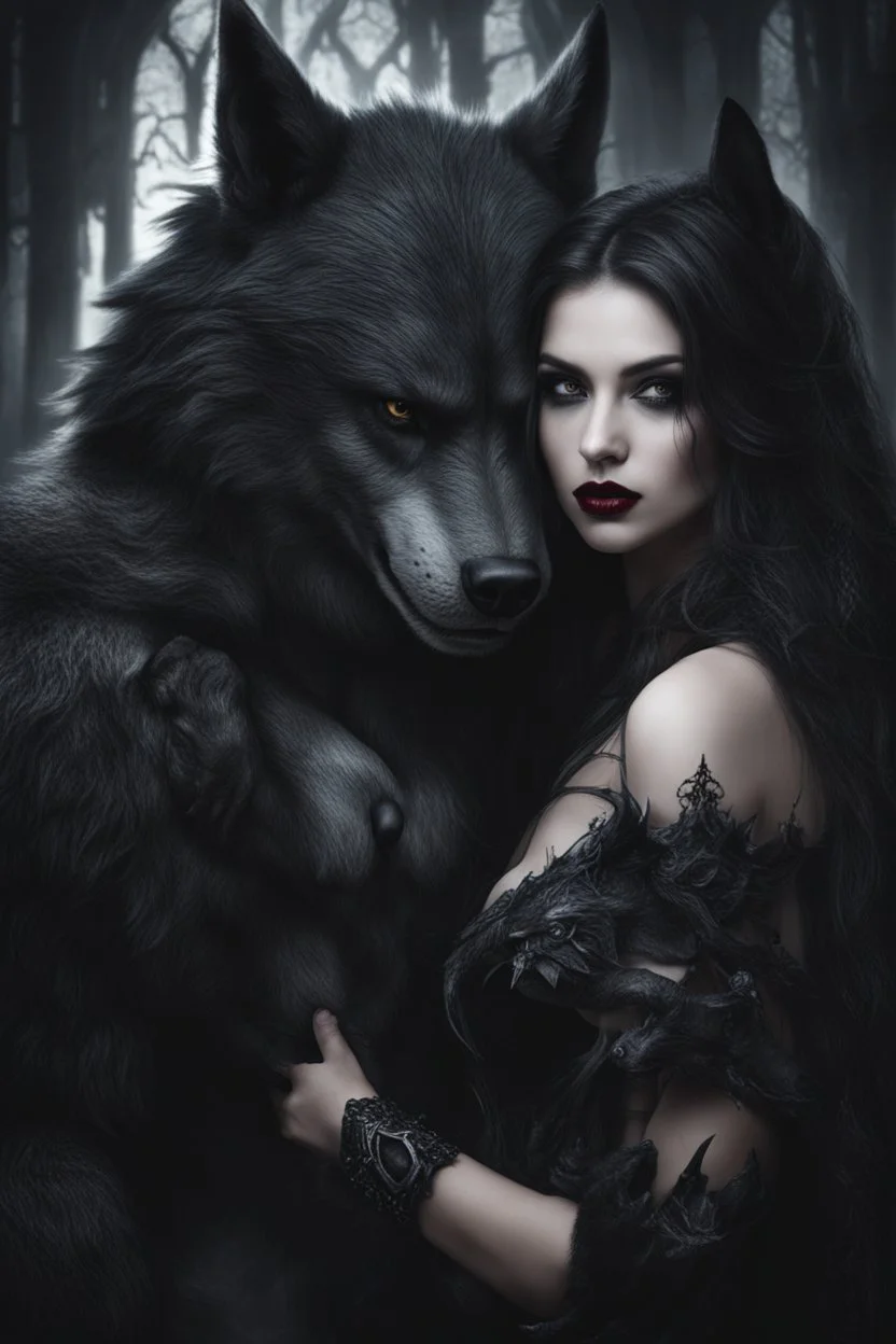 Photography Realistic Beautiful gothic woman and werewolf