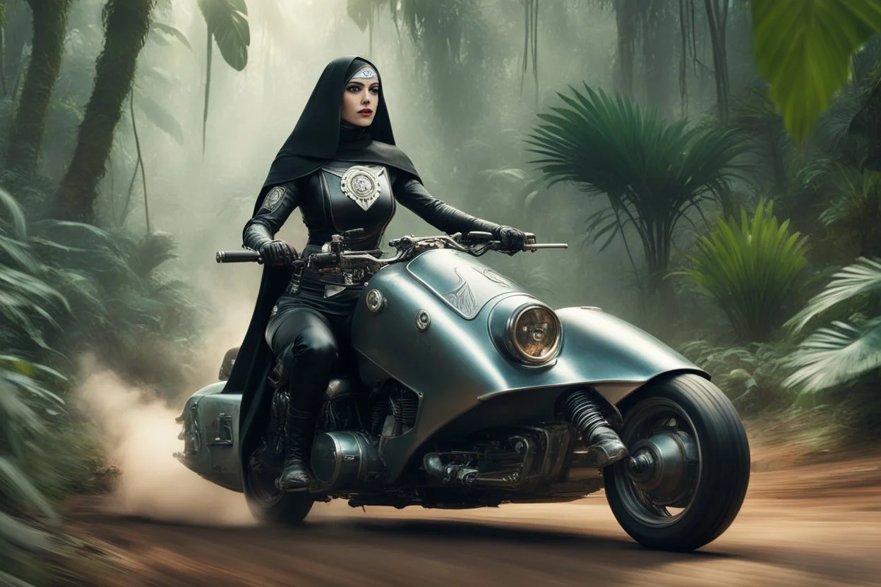 (high res photo by unknown surrealist artist) scifi Princess as a tattooed gangsta nun in her iconic outfit, she is driving a speeder moto in the jungle, aiming with her scifi rigle in hand, ready to shoot