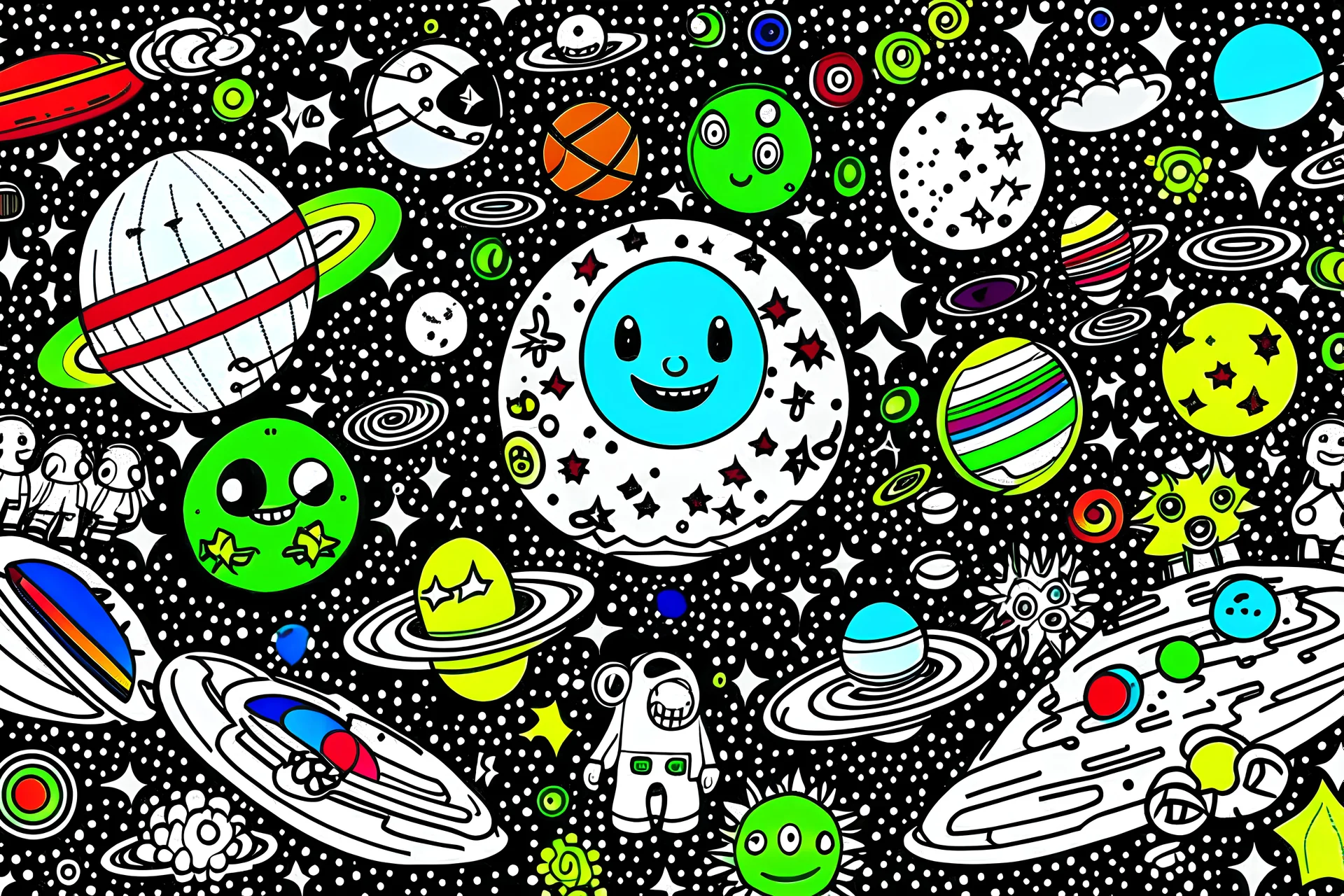 Create an outer space scene with planets, stars, and a rocket ship. The planets should have funny faces, and the rocket ship can be smiling too. Make the stars in various shapes, like hearts and circles. The background can have a rainbow-colored galaxy. Add an astronaut inside the rocket ship waving happily., light black and white outline, fine line, white background