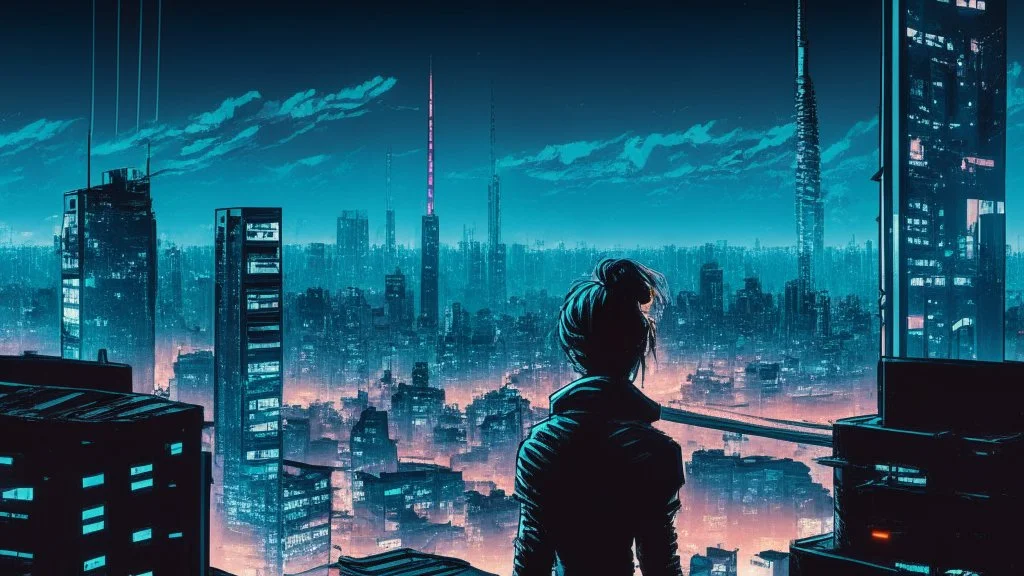 Clear Focus, High resolution, Cyberpunk skyline, comic style