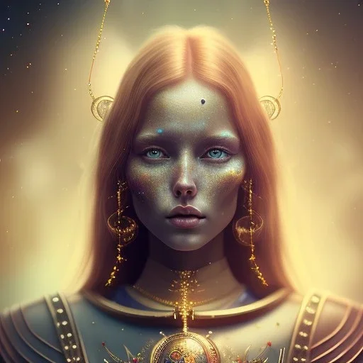 best quality similar to original picture, realistic lighting, masterpiece portrait of a beautiful flawless zodiac witch in in the cosmic world, details, red hair, hazel brown eyes, light dusting of freckles, cowboy shot from above, simple chain hauberk, warhammerVector art matte painting digital