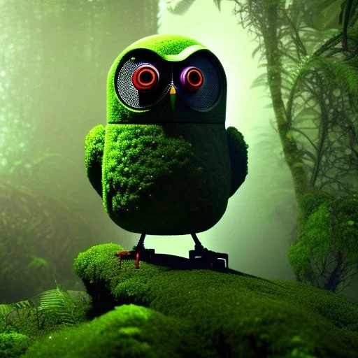 Mossy robot owl in a misty jungle, 3d render, volumetric lighting