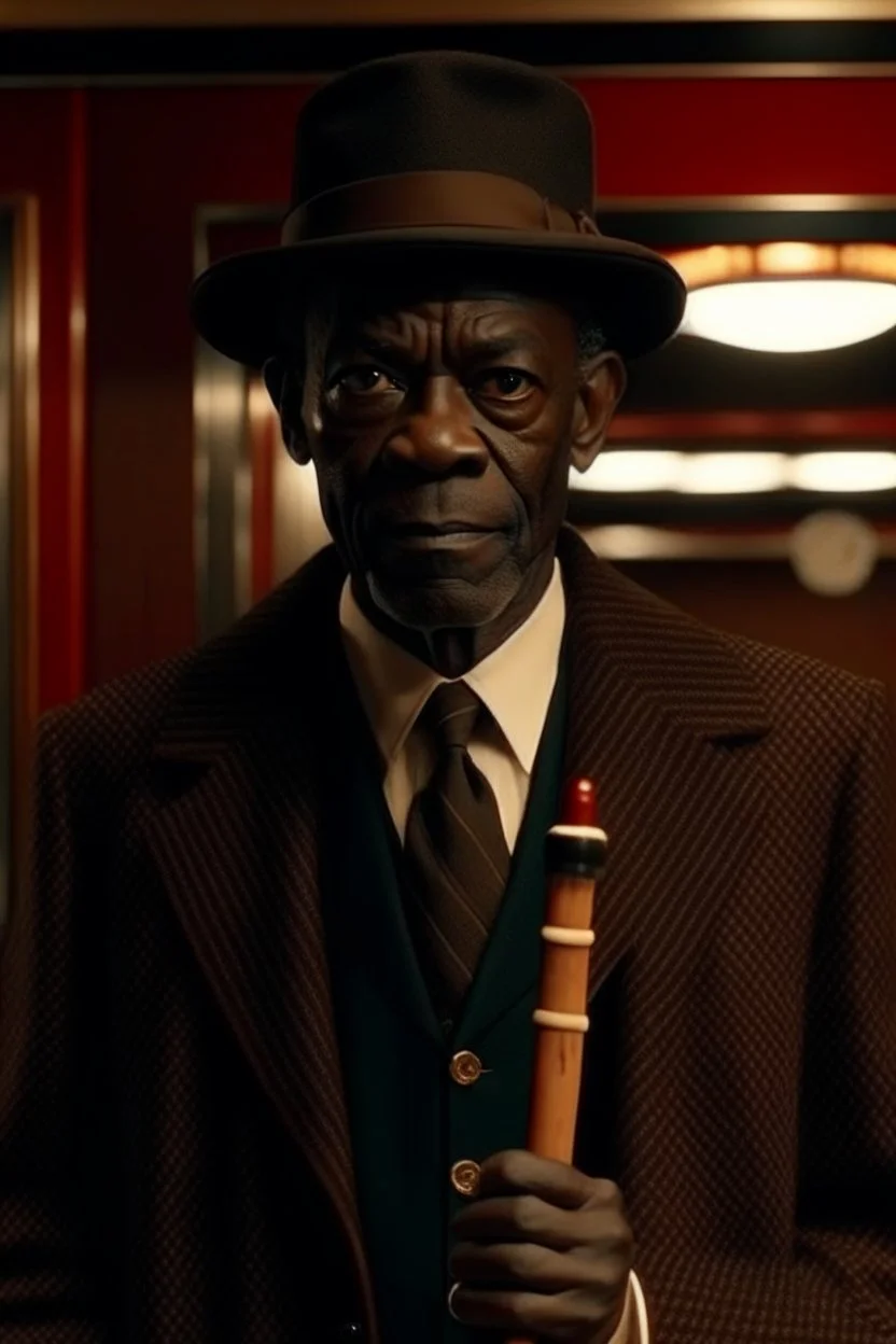 A black man standing behind the movie theater, his face is black, with light red eyes and sharp teeth, he is wearing a formal suit and a black hat, and he is holding a golden cane.