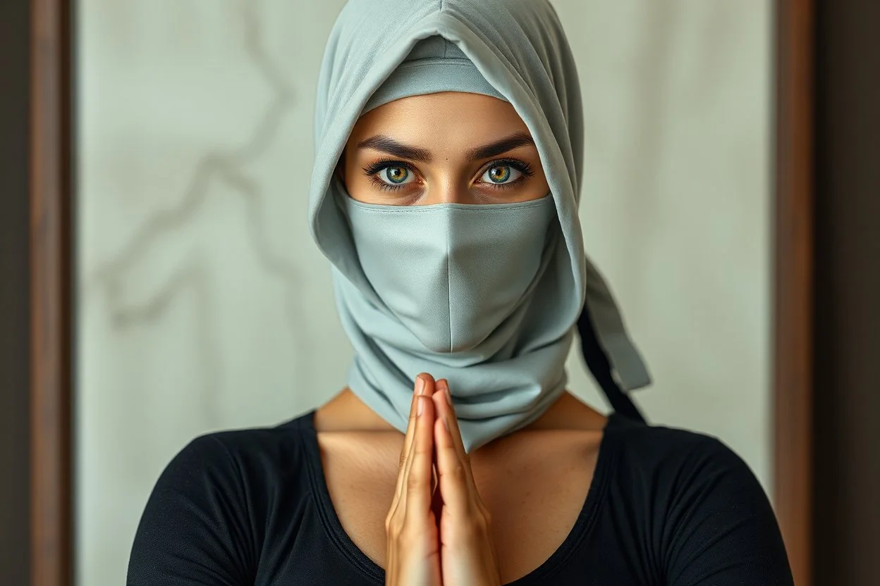 full body portrait of ninja pretty woman yoga weasel semi transparent hypnotic kind eyes in front of mirror