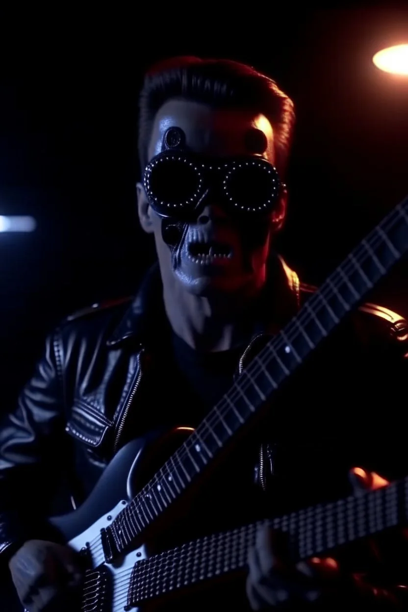 4K realistic portrait of a terminator playing guitar in the guitars of the AC guitarist