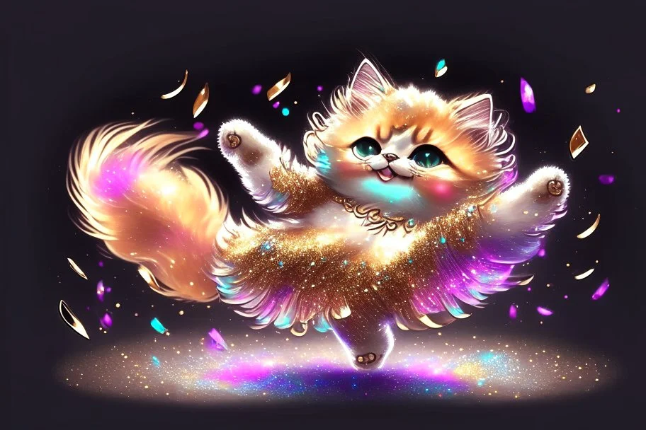 a cute fluffy chibi cat dancer in metallic silky shined colourful dress dynamically dancing and throwing up shiny metallic glitters