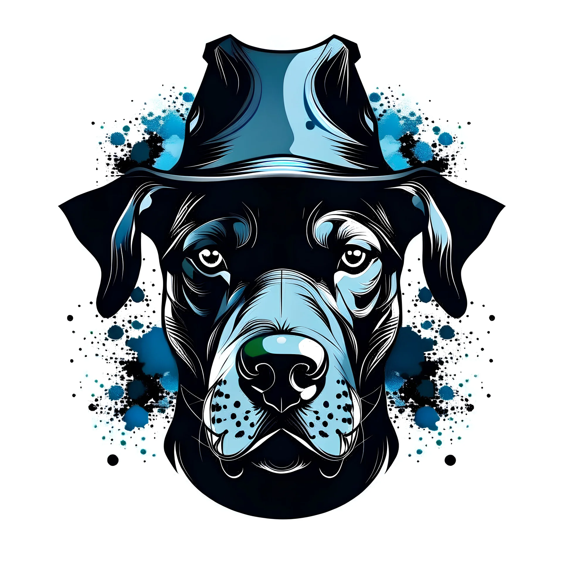 Modern tattoo motifs, abstract and minimalist ink drawing, Bold and dynamic, design on a white background, Pictured is a broad and firm head of a short-haired crossbreed dog of a dark color, without light patches on the faces, of a firmer stature with very short drooping ears in a large hat . The image consists of black and blue colors. The tattoo is with detailed shading. The dog has a cheerful and mischievous look and a sticking out tongue, he smiles