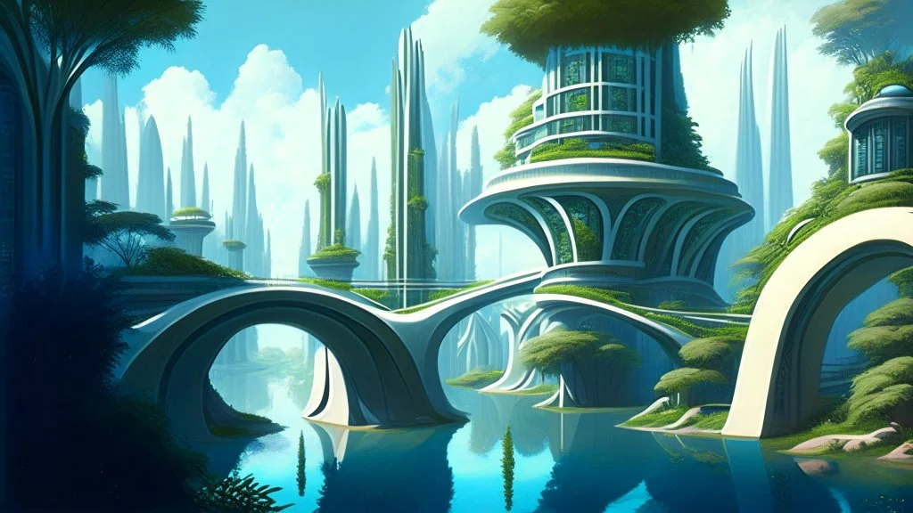 A futuristic city on the banks of a river, with pathways on the banks, balconies, verandas, arches, bridges, spires, stairs, trees, dense foliage, spanish moss, ivy, blue sky, white clouds