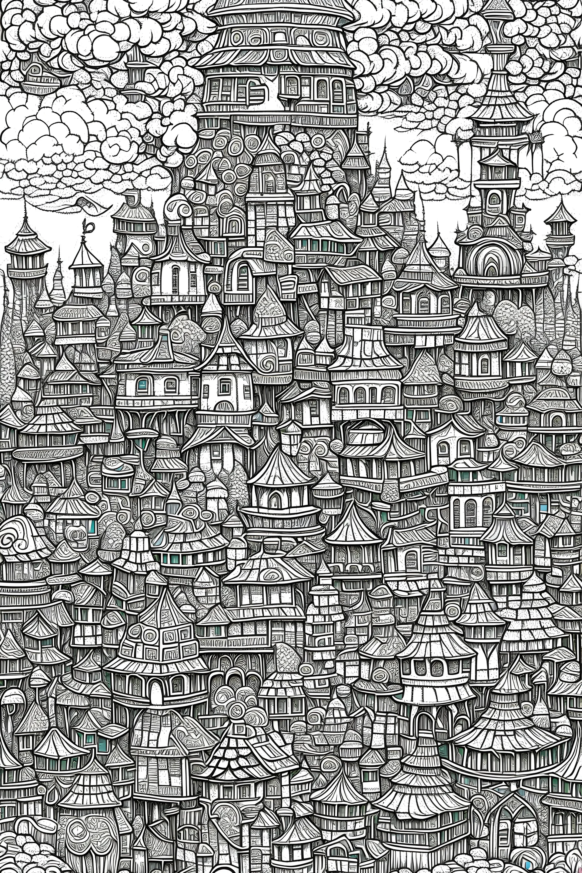 detailed wonderland full dwarf city cute creature and people doodle coloring page with and tiny details fantasy