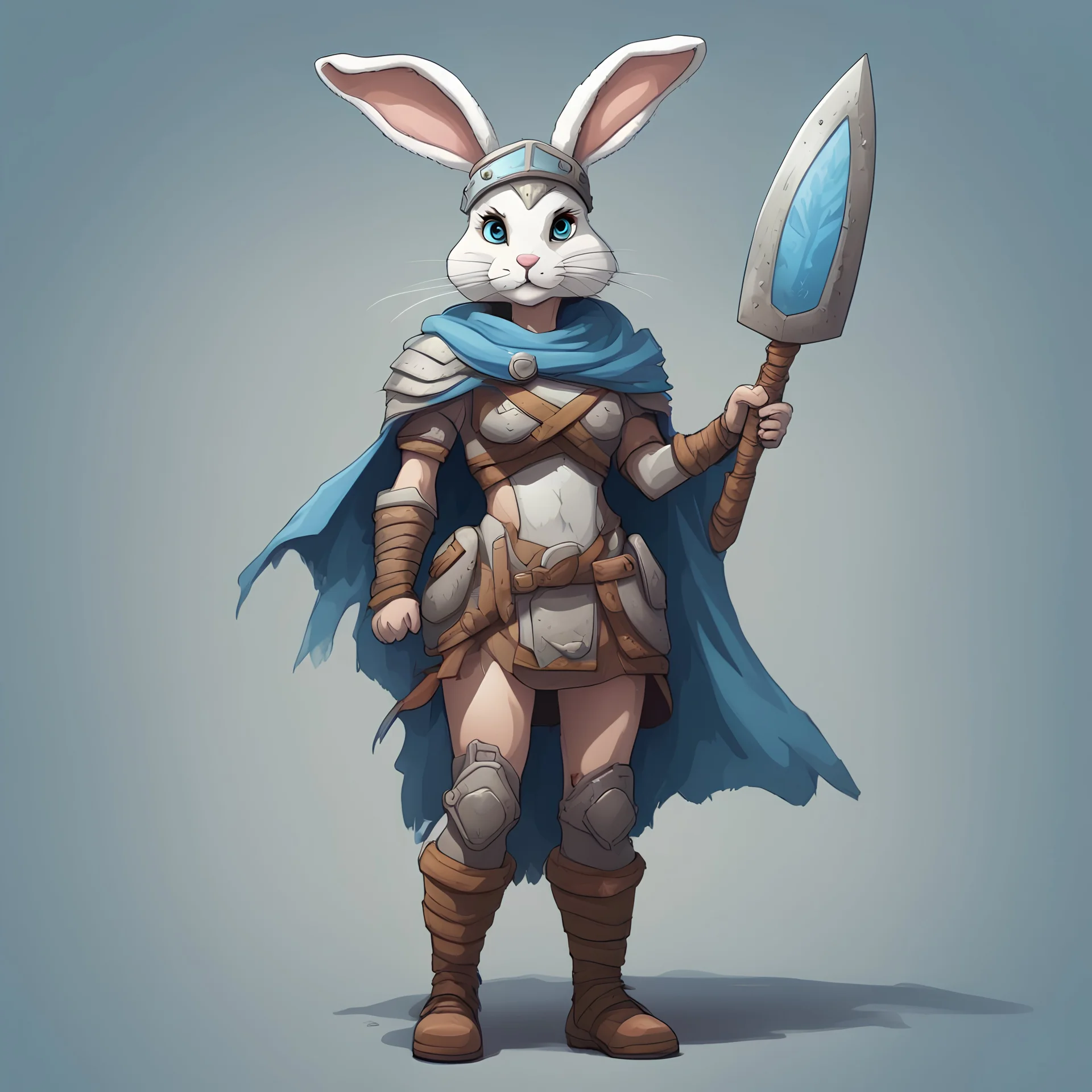 Adi, Female, dressed in a bunny costume with bunny ears, Prehistoric armor including a cape face painted with dull blue and a club in hand, masterpiece, best quality, in cartoon art style