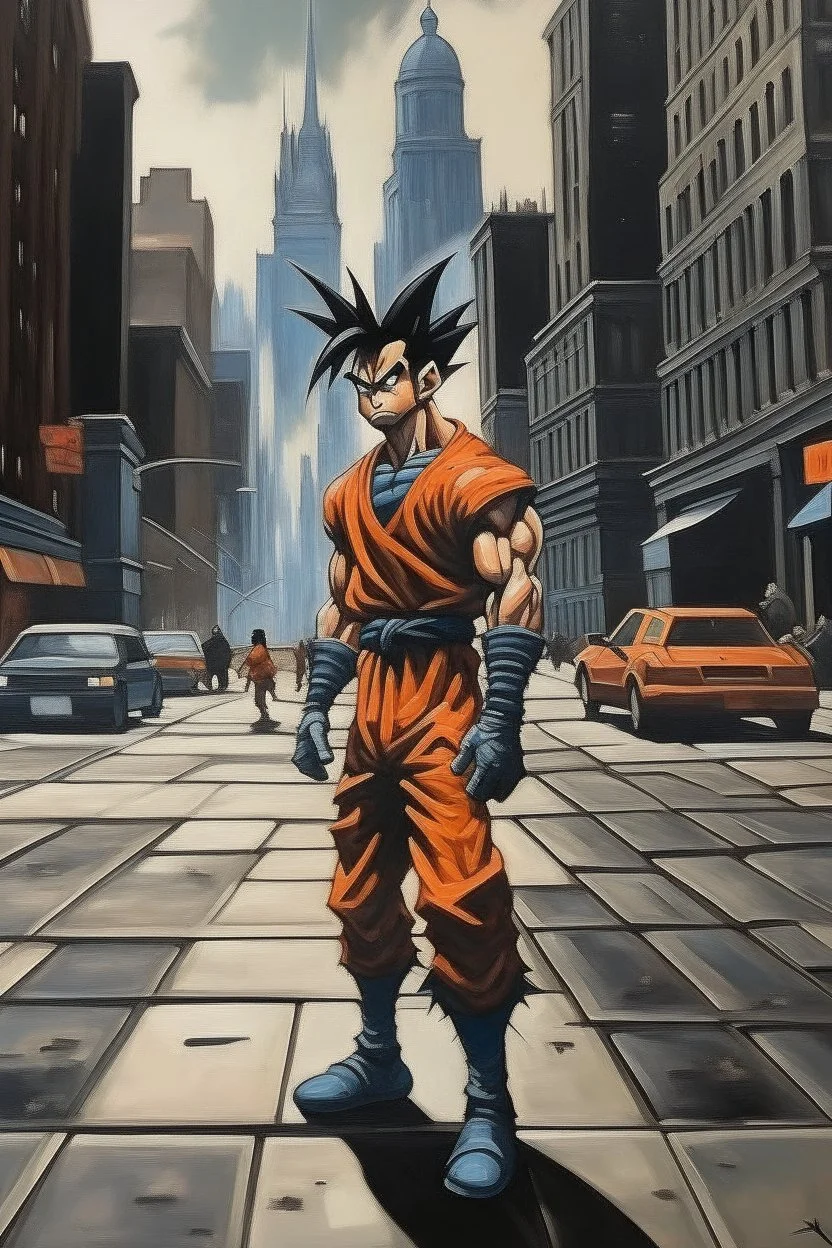 1970's dark fantasy cover dnd style oil painting of goku from dragonball z walking in the streets of newyork sport outfits with minimalist far perspective.