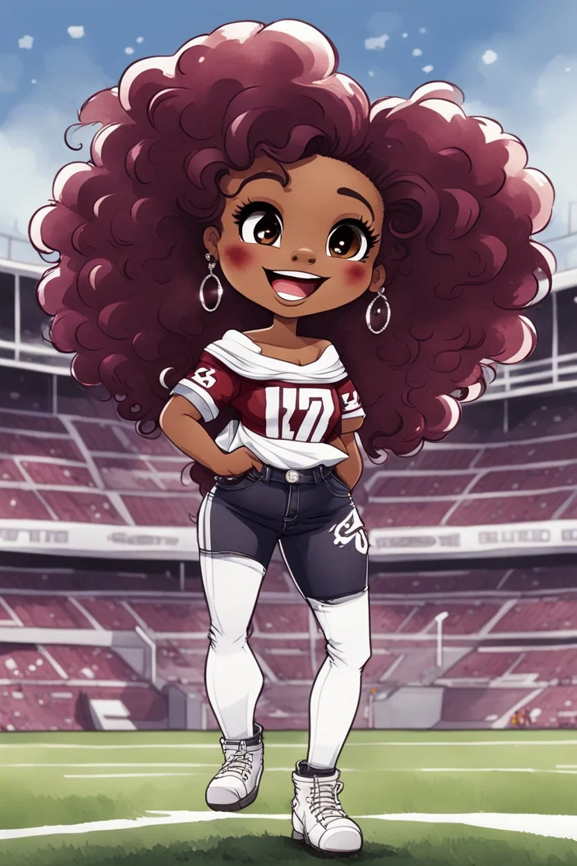 A sassy thick-lined watercolor cartoon image of a black chibi girl standing in front of a football stadium. She is wearing a off the shoulder Garnet, black and white jersey blouse and tight white jeans behind her curvy body. Looking up coyly, she grins widely, showing sharp teeth. Her poofy hair forms a mane framing her confident, regal expression. Prominent makeup with hazel eyes. Hair is highly detailed.