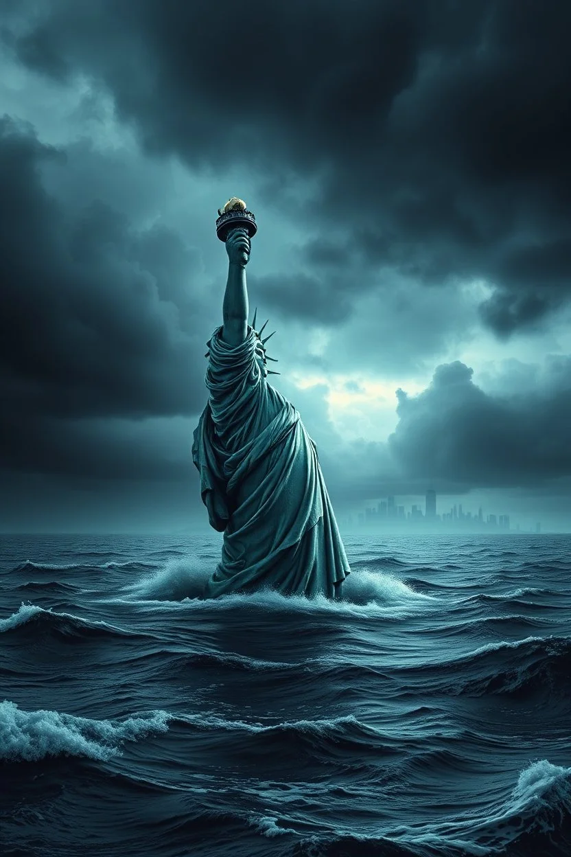 Hyperrealistic illustration half of the Statue of Liberty sinking in a vast ocean, with waves gently lapping against it. The sky is dark and stormy, with heavy, ominous clouds swirling above. In the distance, surrounded , contrasting with the dramatic, turbulent atmosphere. The overall scene should be moody and surreal, with intricate textures on the statue is highlight its grandeur and mystery.