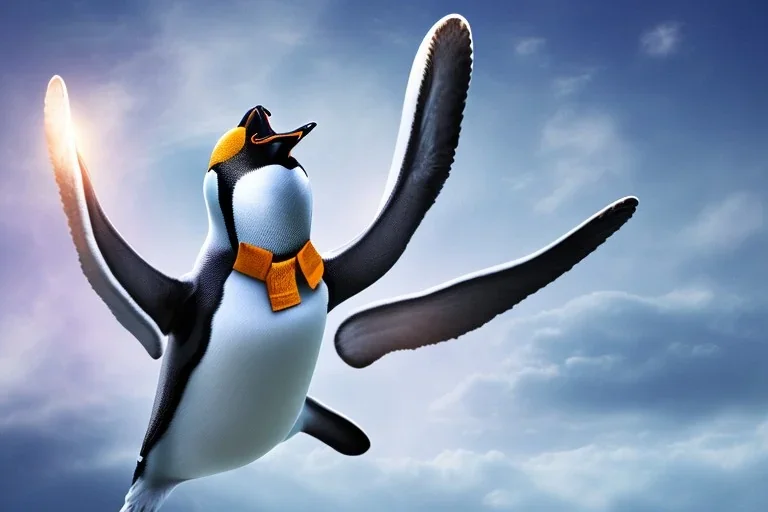 penguin flying in the sky with his two wings