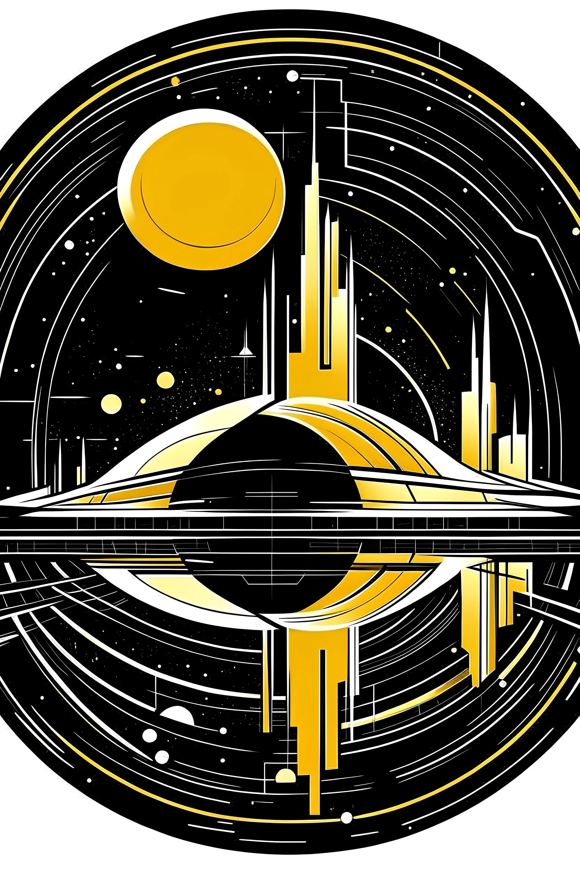 round logo for organisation;black and gold colors only ; taking off big sci-fi space ship in the center; background abstract 1/3 sci-fi space city ; 2/3 galaxy in abstract way; small thin outer gold line; less detail in background