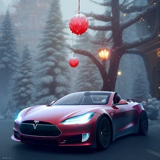 Santa claus driving his red Tesla convertible car, character design by cory loftis, fenghua zhong, ryohei hase, ismail inceoglu and ruan jia. unreal engine 5, artistic lighting, highly detailed, photorealistic, fantasy