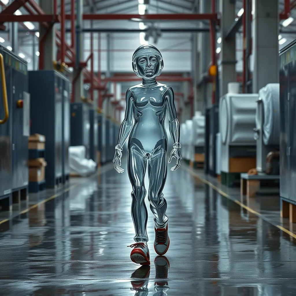 an very sad transparent glas man with legs and shoes, walking in a factory, nobody cares about the empty glas, that is why he is so sad :( , he had worked 30 years in the factory and never had a salary increase, tears in his eyes, wet floor after the cries out loudly