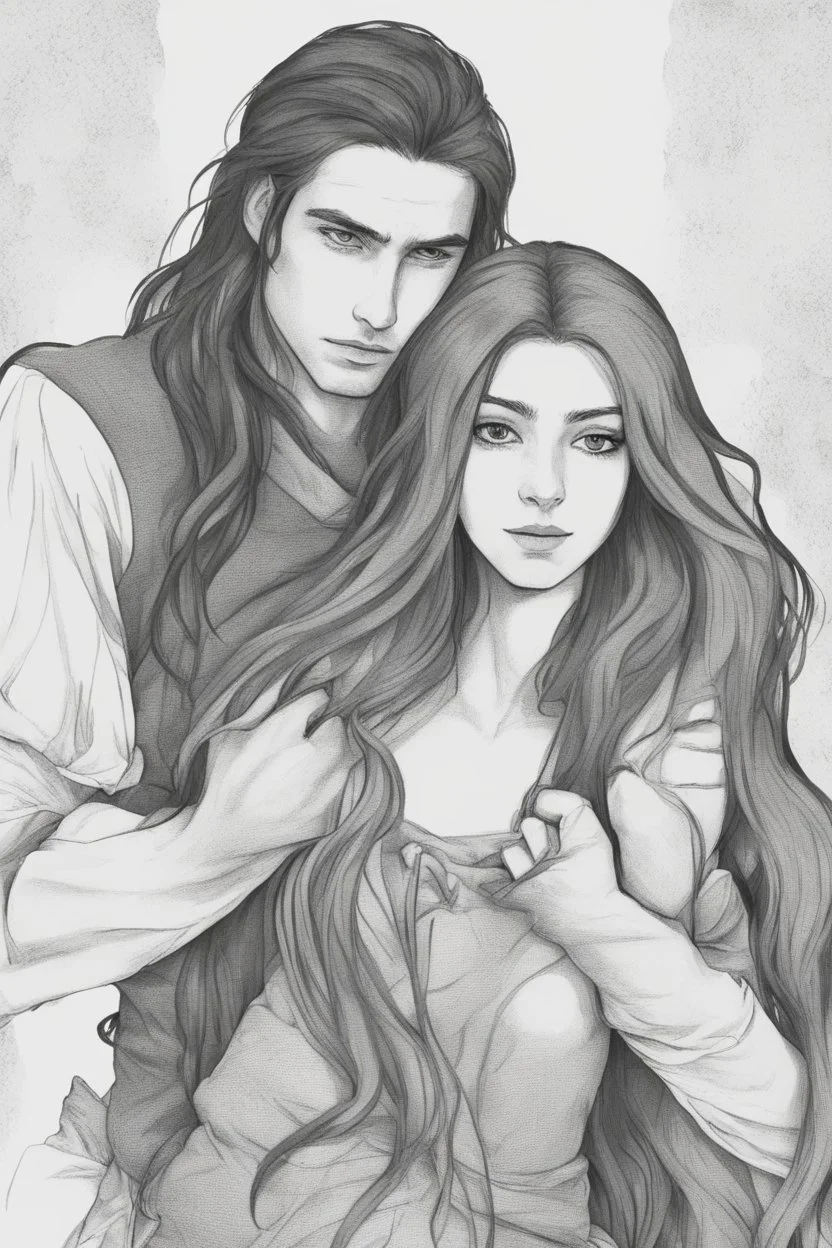 Dnd style, Young man hugging a woman with long hair from behind