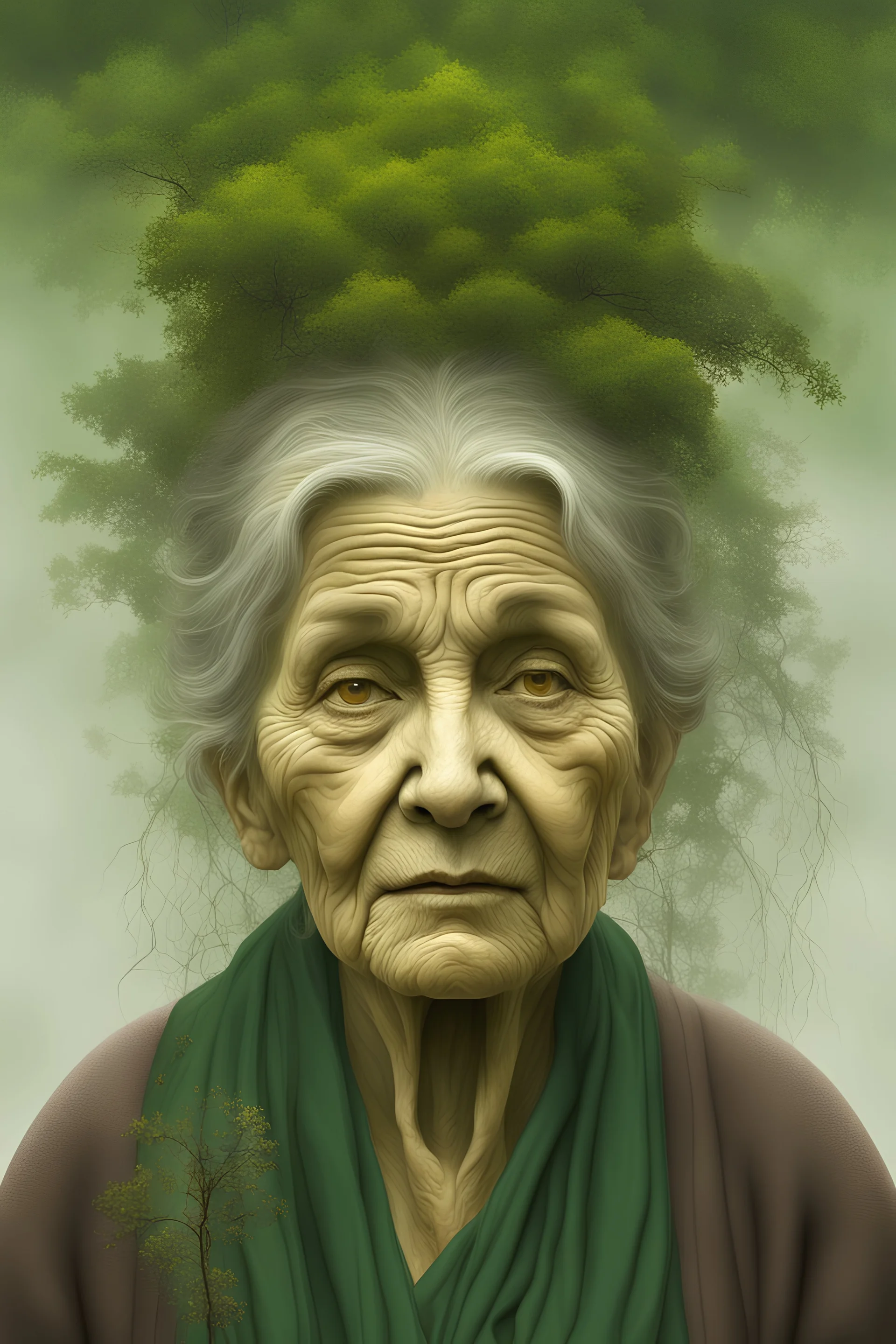 planet earth as an old woman. front facing. the face has the texture of roots. leaves, blossoms, cobwebs. very smooth colors, forest green and yellow. bordeaux. fog, mist