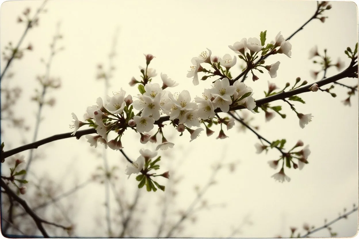 Melancholic, ultra-realistic vintage polaroid photograph of a blossoming branches of an apple tree, soft light of a cloudy sky, atmosphere of quiet sadness and timeless beauty, cinematic, hyper-detailed, emotional and mesmerizing