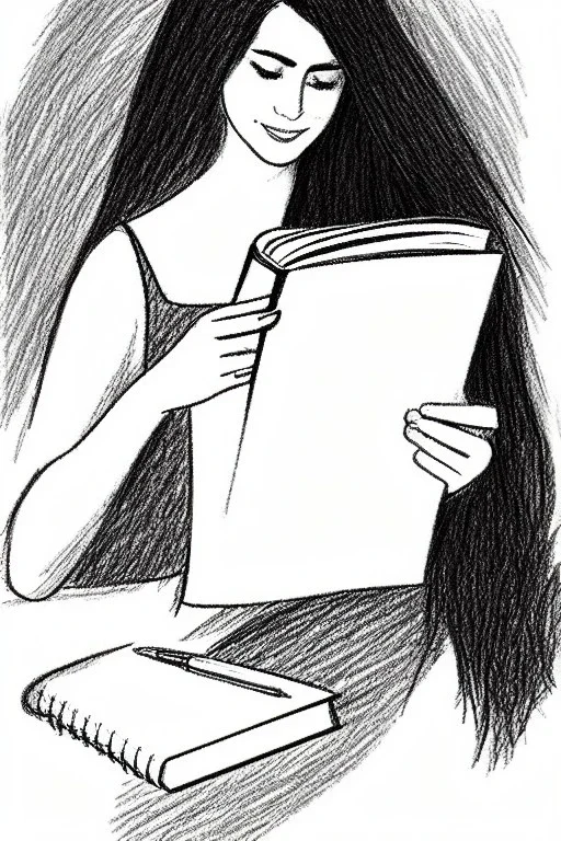 Pencil sketch of Young woman, Arab features, long wavy hair, reading a book, full body، on lined paper