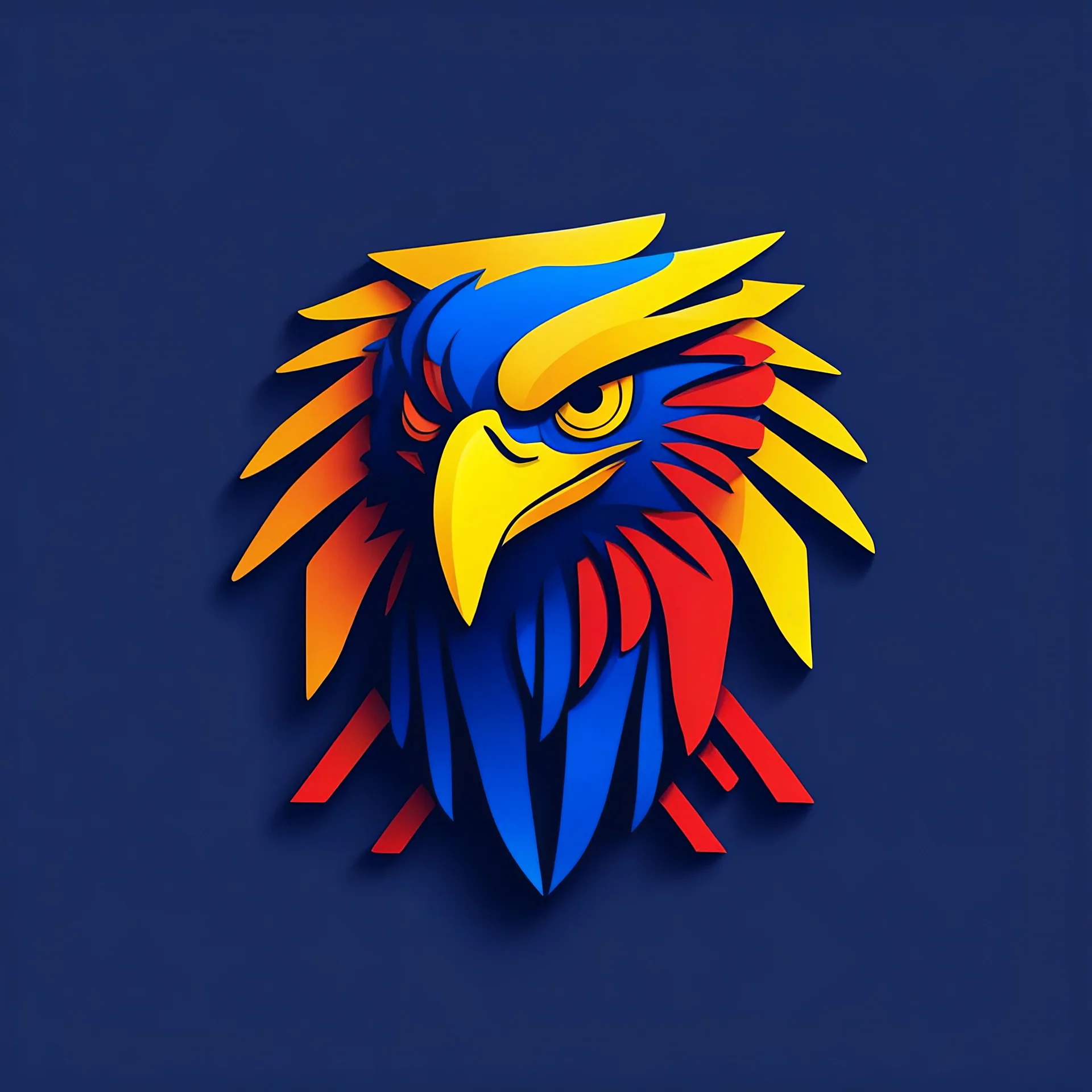 Minimalistic design of the eagle logo, blue, red, and yellow color scheme, clear lines, modern font, bold and attractive, ideal for a technical or entertainment company.