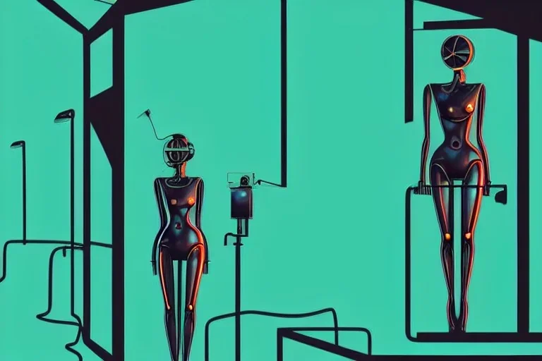 Dark green to cyan metal surfaces body paint. full coverage metallic. Girls with slim body and big butts. Behind curtains. Old-fashioned cameras integrated to heads. structure Cyber-punk. Attached telephones. Dystopia, closed eyes. Red&blue 3D-tiling. Dystopia. Partly symmetrical in relation to machines. Perfect golden ratio in vertical and horizontal directions. Bending time-space-continuum. Polyhedron in 5th dimension. Tessellation in 4-dimensional space. Spine Perspective Integers.