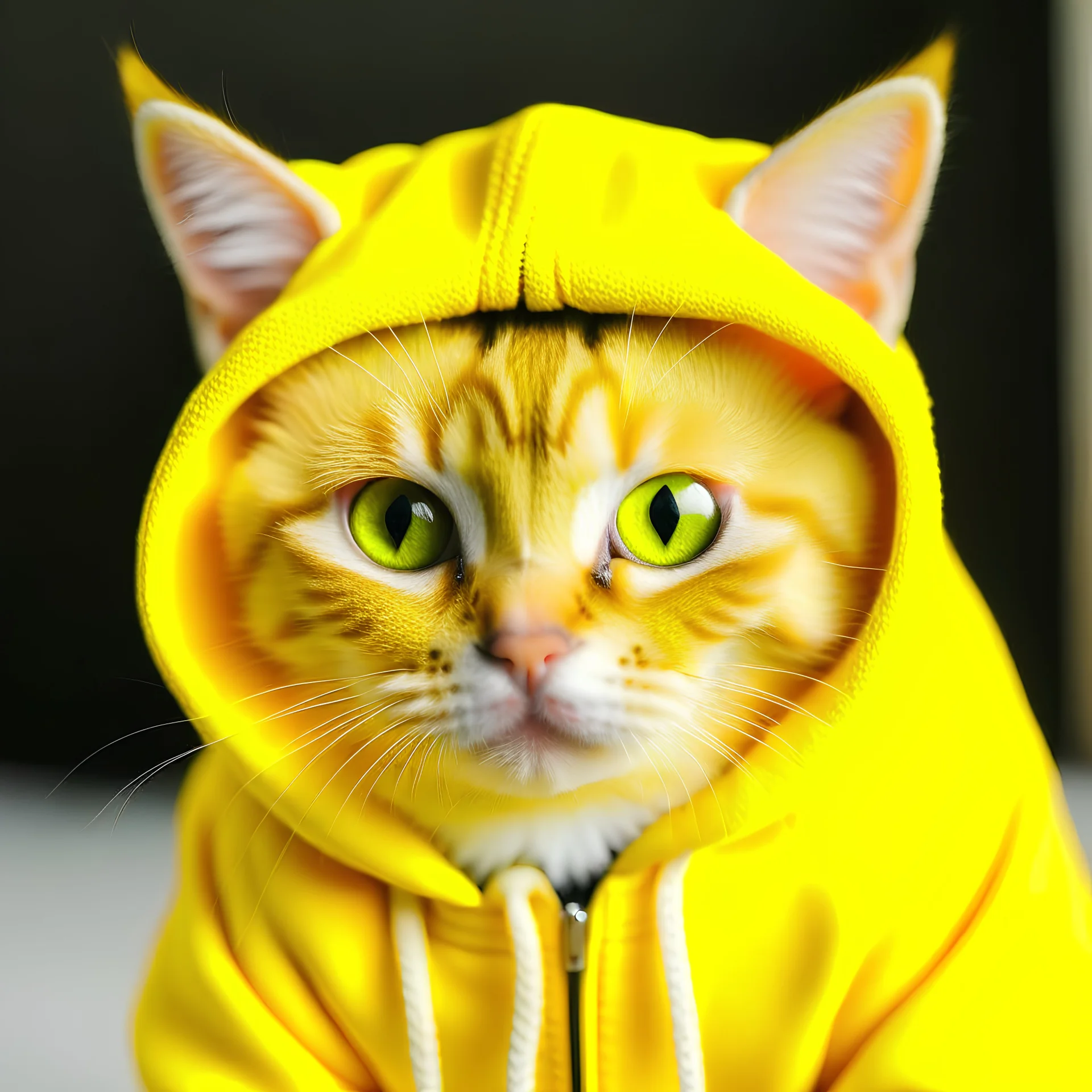 a young cat wearing a yellow hoodie