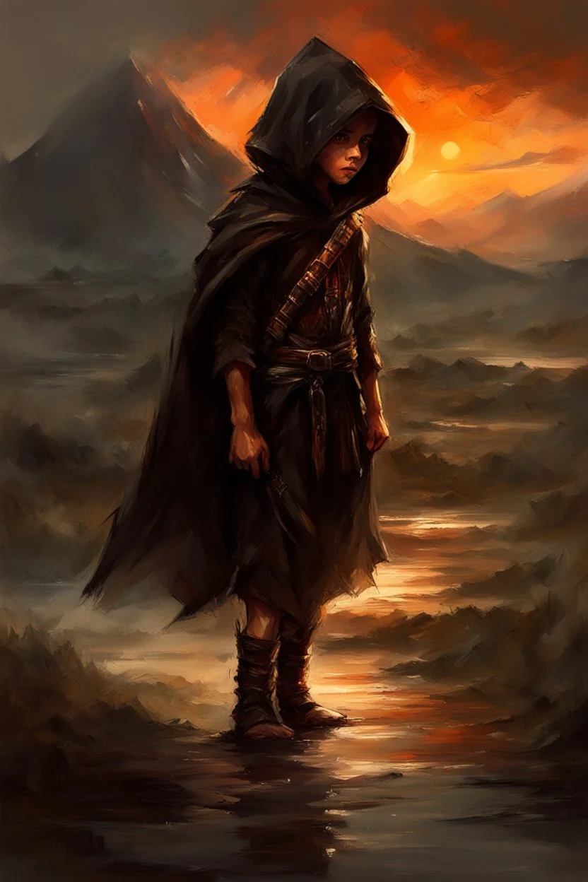 A formidable warrior-a 10-year-old boy in a black robe with a hood, on the background Amazing gloomy landscape, flooded with sunset, mountains, trees, fabulous scary hero, , juicy emotions, painting, dark fantasy, bad weather, gloomy day, dark world, by Raymond Swanland & Anna Razumovskaya