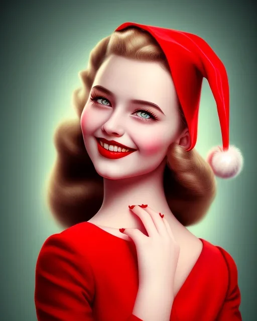 girl in red dress, close up portrait, Christmas, smiling, cute, beautiful, 1940s