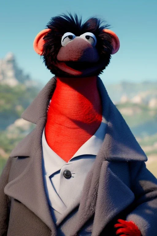 Waist up muppet Portrait, Kim Jong-un as muppet doll, black suit, photo studio, red background, unreal engine 5, concept art, art station, god lights, ray tracing, RTX, lumen lighting, ultra detail, volumetric lighting, 3d.