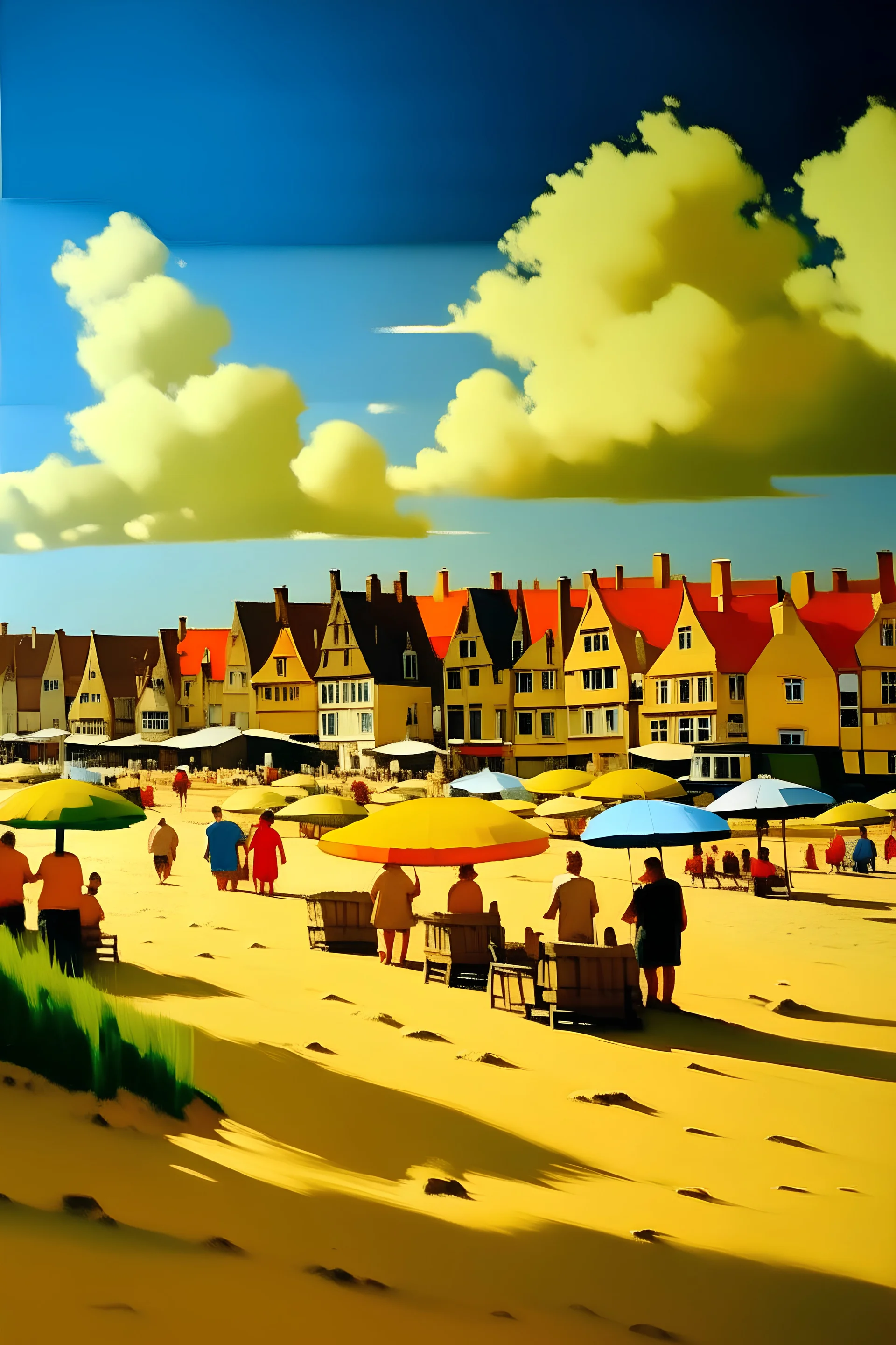 painted picture in inspired by Vermeer of the town of De Haan in Belgium at the beach in sun