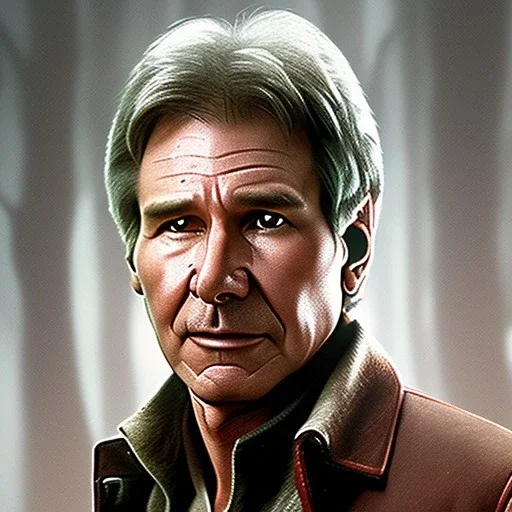 8K space background with stunning photo realistic detailed head to waist portrait of harrison ford as han solo in star wars with photo realistic short hair by Luigi Lucioni, Sharp focus, brown eyes, weathered skin,space jacket from star wars, cinematic lightning