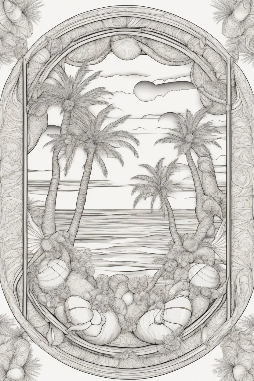 Mandala of palm trees with seashells, outlined in black and white with clear, substantial lines for an adult coloring book, contour, vector, clean line art, against a white background